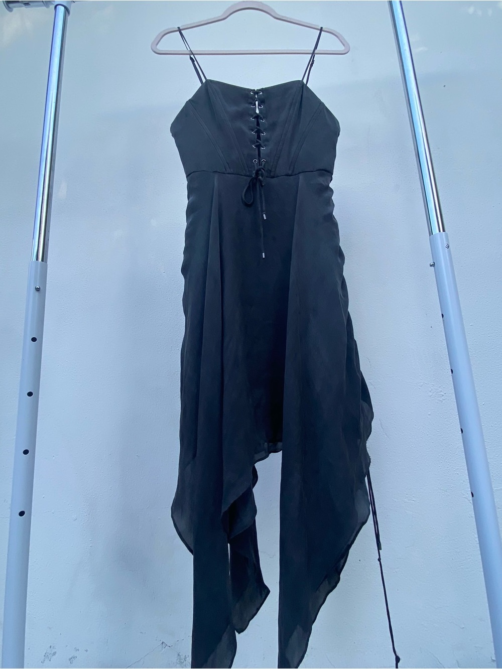 Haute Hippie Whimsygoth 100% Silk Distressed Charcoal Grey Corset Dress Size 6